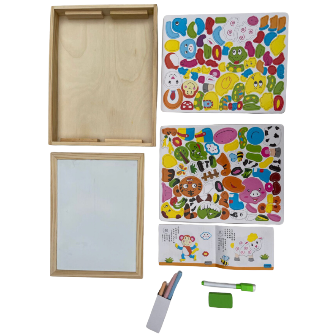 Diseños con formas de madera con imán y contraparte pizarra con tizas